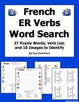 Preview of French ER Verbs Word Search Puzzle, Image IDs, and Verb Lists