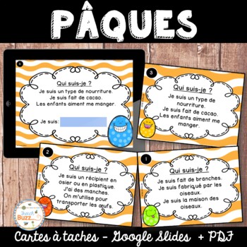 Preview of French Easter Task Cards - Pâques - Qui suis-je? - Distance Learning + PDF