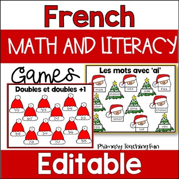 Preview of French Editable Christmas Math and Literacy Activities-Bump Games