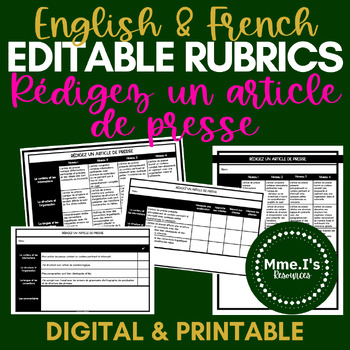 Preview of French Editable Rubrics Pack | Write a News Article Assignment | Digital & Print