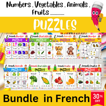 Preview of French Educational Adventure Puzzles Bundle - Numbers, Animals, Fruits, and Vege