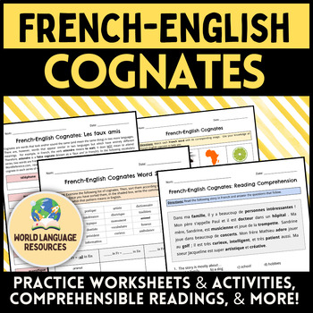 Preview of French English Cognates - Practice Activities, Worksheets, Reading Comprehension