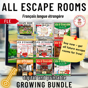 Preview of French Escape Rooms growing bundle jeux d'évasion digital and printable