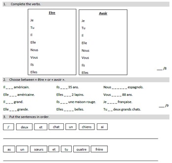 Preview of French Exam - Verbes Avoir et Etre + verbe en ER + negative sentences