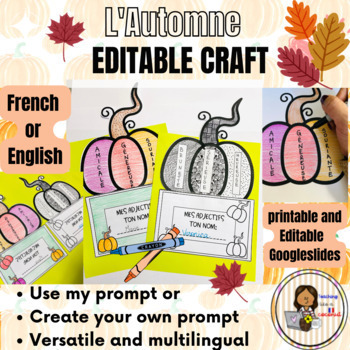 Preview of French Fall Editable Craft | Pumpkin| Une Citrouille | Les Adjectifs | Bilingual
