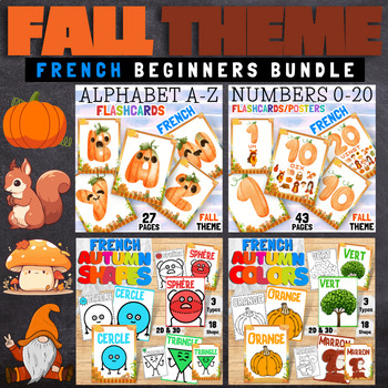 Preview of French Fall Theme Alphabet, Numbers, Colors and Shapes Flashcards/Posters Bundle