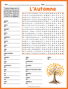 French Fall Vocabulary Word Search Puzzle Worksheet Activity Tpt