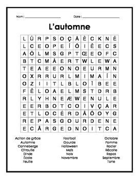 Preview of French Fall Word Search - Mots cachés français sur l'automne
