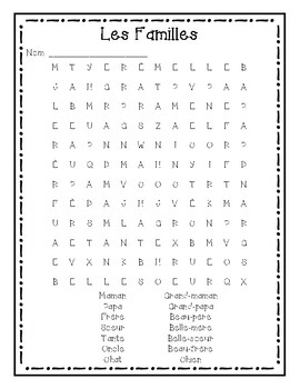 French Family Vocabulary Word Search - Mots Cachés français sur la famille