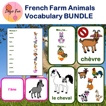 Preview of French Farm Animals Vocabulary Flash Cards Games and Worksheets Bundle