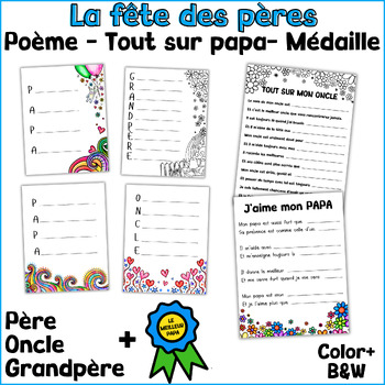 Preview of French Father's day, All about my Dad, Acrostic poem, Poem, Medal Template