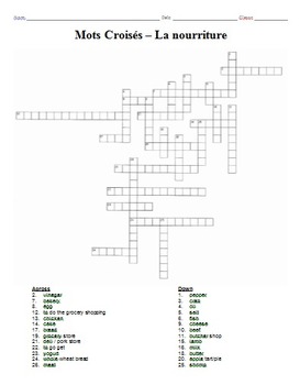 Preview of French Food Crossword Puzzle - La nourriture