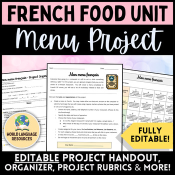 Preview of French Food Unit - Editable Menu Project & Rubrics La nourriture et les boissons