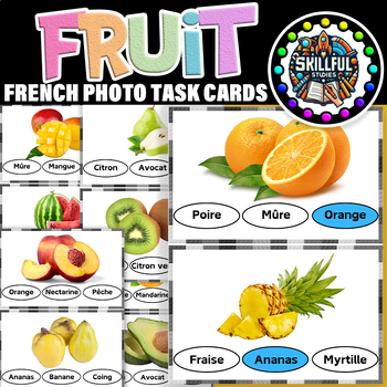 Preview of French Fruit Functional Reading Task Cards|Les Fruits Cartes Mémoire Françaises
