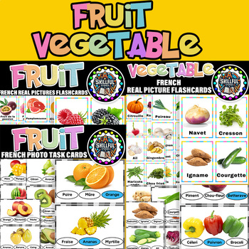 Preview of French Fruit & Vegetable Functional Reading Task Cards  & Picture Flashcards