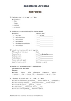 Preview of French Grammar Articles 1: Indefinite Articles Exercise (Revision separate)