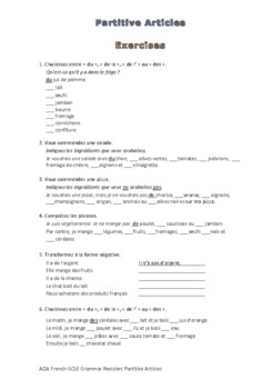 Preview of French Grammar Articles 3: Partitive Articles Exercise (Revision separate)