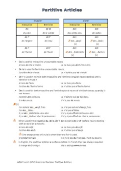 Preview of French Grammar Articles 3: Partitive Articles Revision (Exercise separate)