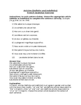 Preview of French Grammar Exercise - Articles