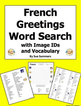 Preview of French Greetings and Basics Word Search Puzzle, IDs, and Vocabulary