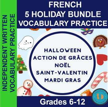 Preview of French Holiday Vocabulary Practice/Worksheets/Emergency Sub Bundle!
