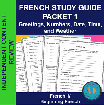 Preview of French I Exam Review 1 Numbers, Time, Greetings, Date, Alphabet, Weather Basics