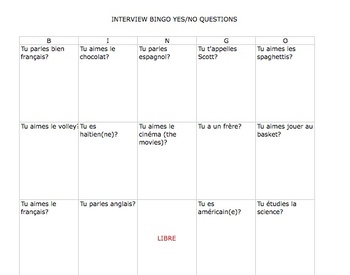 Preview of French Interview Bingo Yes/No Questions