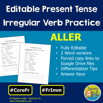 Preview of French Irregular Verb ALLER Present Tense EDITABLE Worksheets