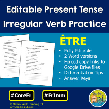 Preview of French Irregular Verb ETRE Present Tense EDITABLE Worksheets