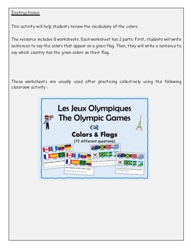 French – Jeux Olympiques / Olympic Games - 8 Worksheets - Flags and Colors