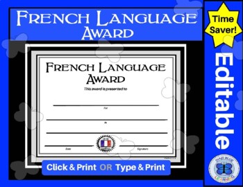 Preview of French Language Award Certificate - Elementary, Middle & High School - Editable