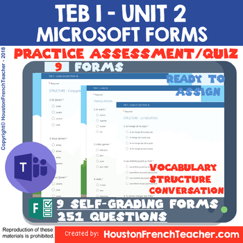 Preview of French Level 1 Distance Learning - MICROSOFT Forms T'es branche TEB1 UNIT 2