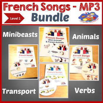 French MP3 Songs & Song Booklets Bundle - Learn Verbs, Animals, Transport