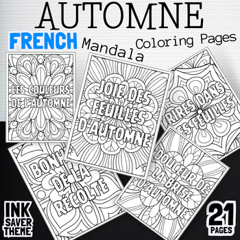 Preview of French Mandala Coloring Pages Autumn leaves | Pumpkin Fall theme Coloring Book