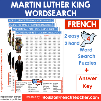 Preview of French Martin Luther King Word Search (en francais) Black History Month