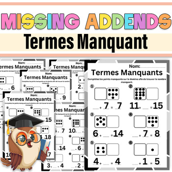 Preview of French Missing Addends Worksheets Dominoes|Missing Addends to 20|Termes Manquant