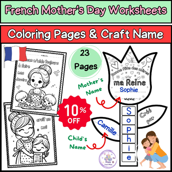 Preview of French Mother's Day Bundle : Coloring Pages + Tulip Craft Name ❤️Fête des mères