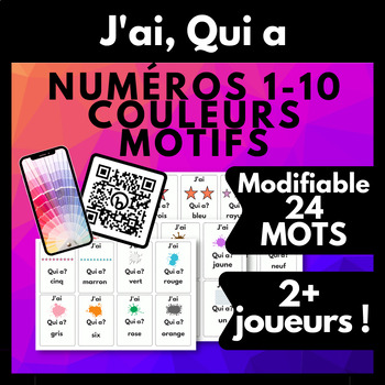 Preview of French Vocabulary Lesson & Review Game Numbers 1-10, Colors, Patterns, Editable