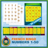 French Numbers 1 to 50 Bingo Game • 30 Cards • Circus Theme