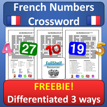 Preview of French Numbers Crossword Les Nombres FREEBIE Numbers in French FSL NO PREP
