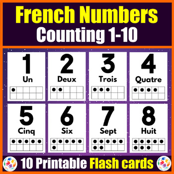 Preview of French Numbers Flash cards with ten Frames for kids to practice counting 1-10