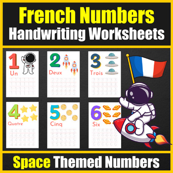 Preview of French Numbers Handwriting Worksheets to Practice Counting 1-10- Space theme