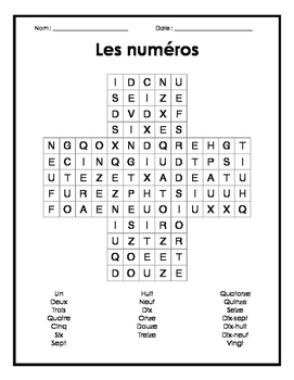 Preview of French Numbers Word Search Puzzle - Mots cachés français sur les numéros