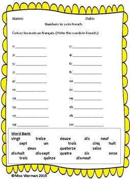 french numbers from 1 to 20 by miss warman teachers pay teachers