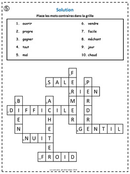 French Opposites Crossword Puzzles by little helper TpT