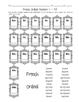french ordinal numbers 1 20 worksheet by sunny side up resources