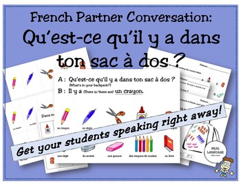 Preview of French Partner Conversation:Qu'est-ce qu'il y a dans mon sac à dos?