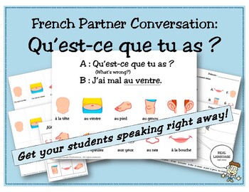 Preview of French Partner Conversation: Qu'est-ce que tu as? (body parts/parties du corps)