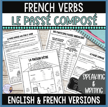 Preview of French Passé composé worksheets, notes + speaking activities: Core & Immersion