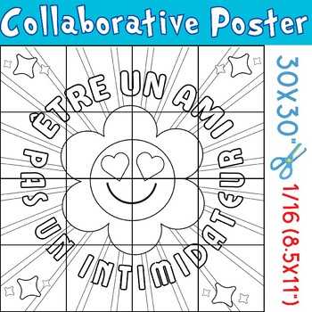Preview of FRENCH Empathy, Kindness Collaborative Coloring Poster: Be a Buddy, Not a Bully